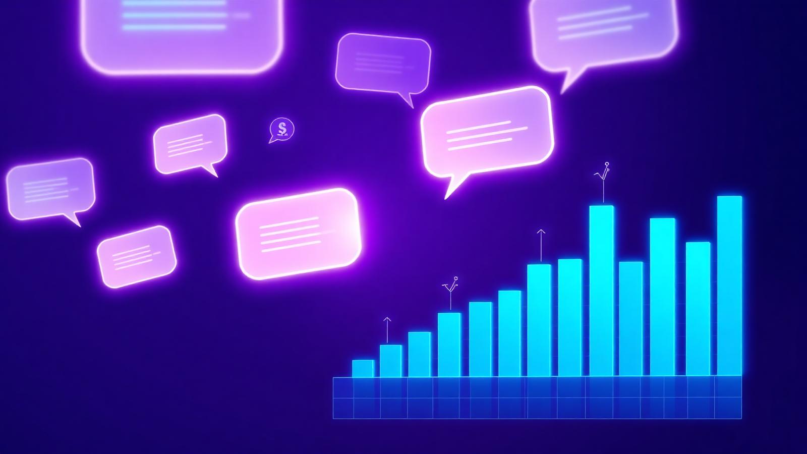 Bank SMS messages flowing into a glowing ledger and growth chart