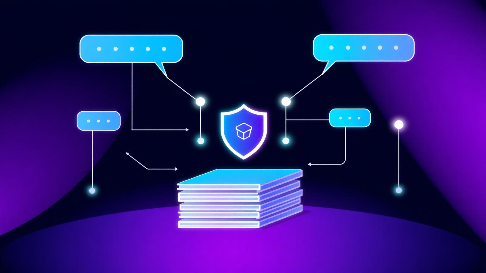 Chat bubbles linked to a stack of source documents behind a shield