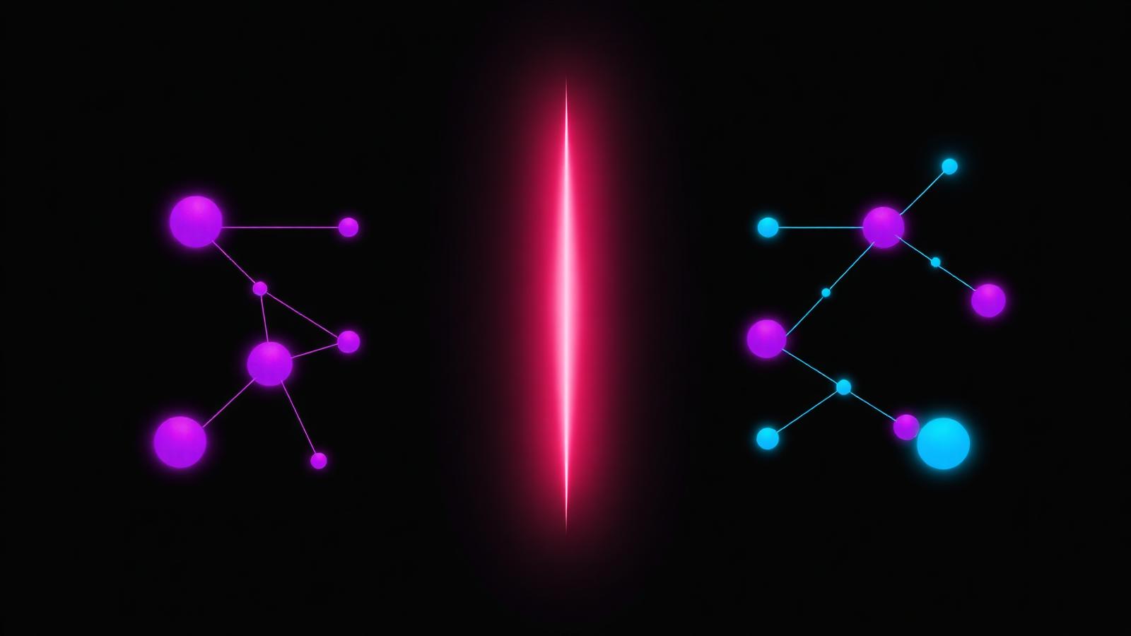 Two glowing automation node graphs compared side by side